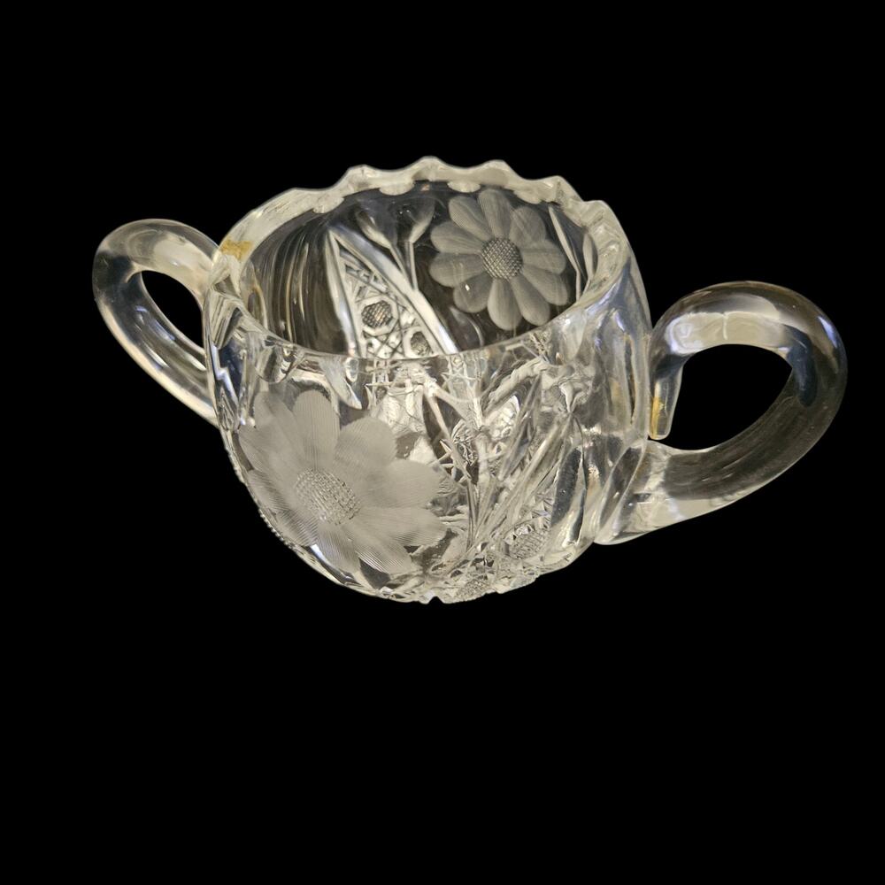 Vintage Cut Crystal Sugar Bowl Double Handle Floral Starburst Sawtooth Rim